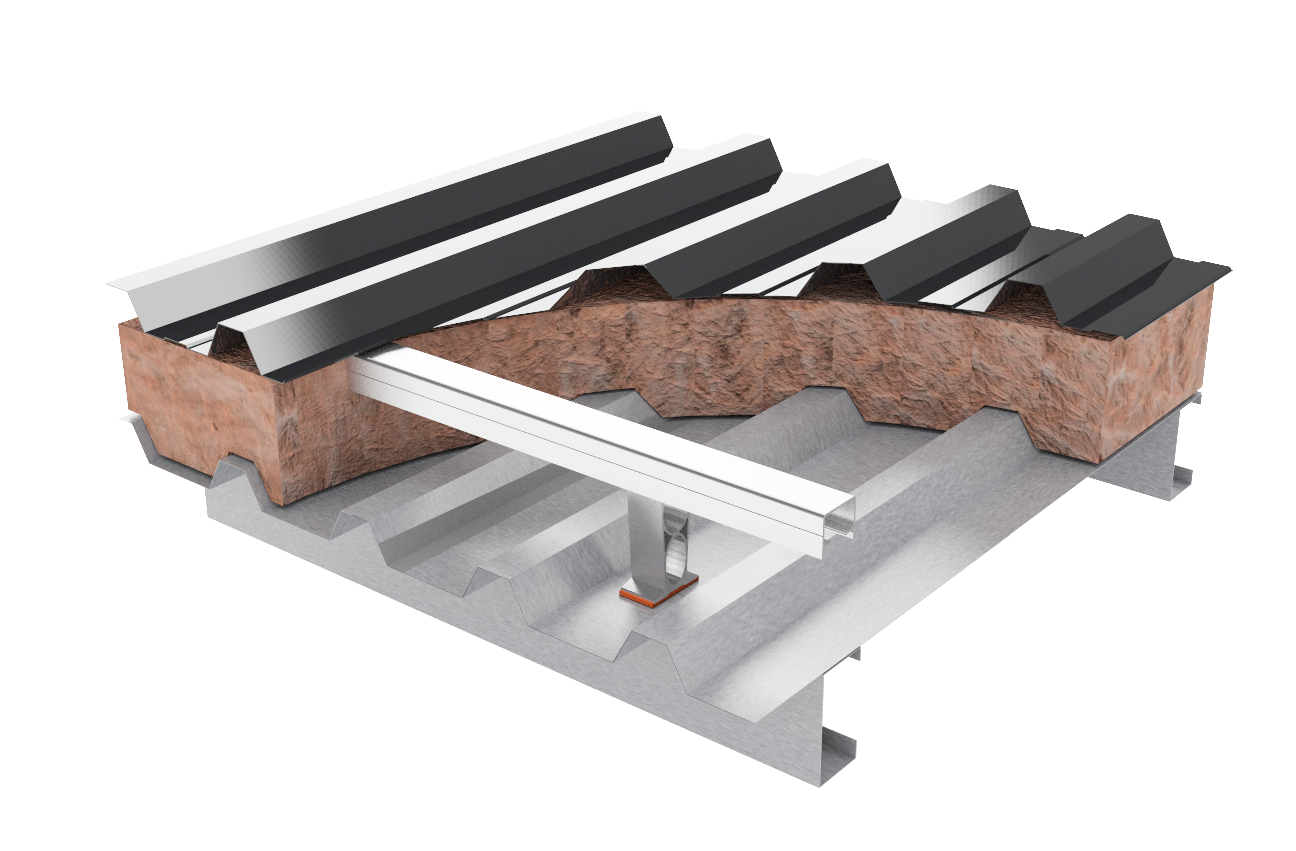 Exploded diagram of the FiberthermX post and rail metal skin roof system